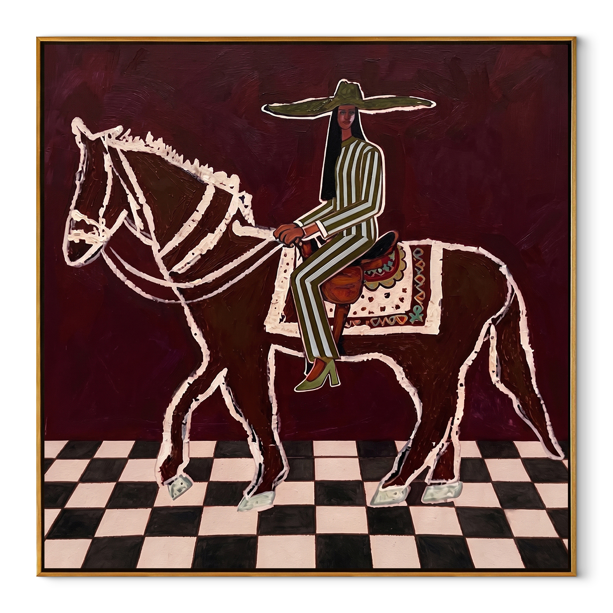 White Lines Cross Checks equestrian horse painting, square canvas artwork