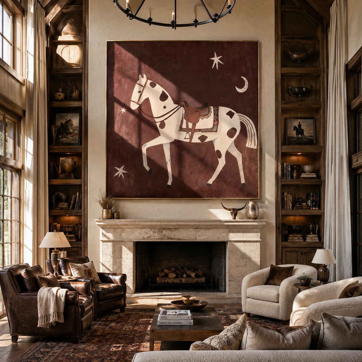 Spotted Horse Follows Moon displayed in a layered residential setting