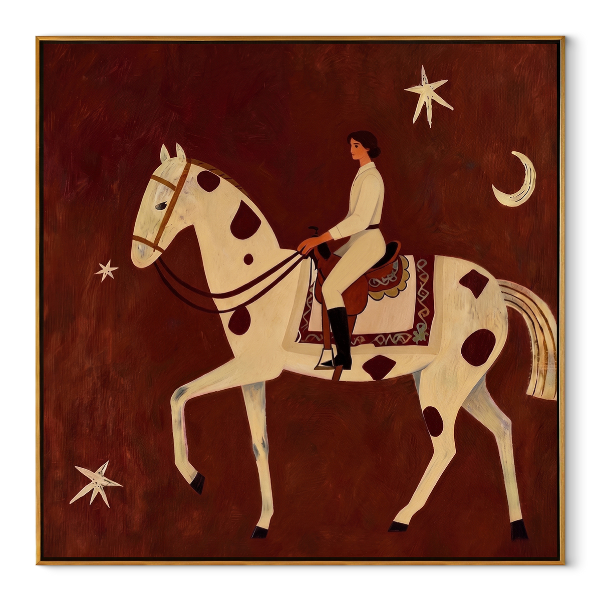 Quiet Rider Courts Crescent equestrian horse painting, square canvas artwork