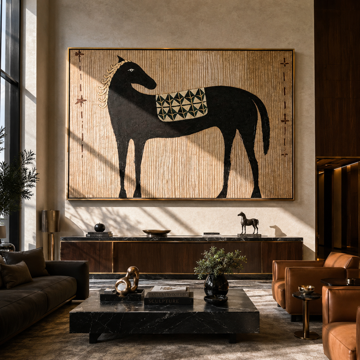 Black Horse Carries Saddle displayed in a collected contemporary interior