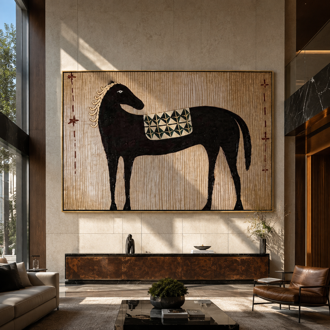 Black Horse Carries Saddle styled with warm modern furnishings