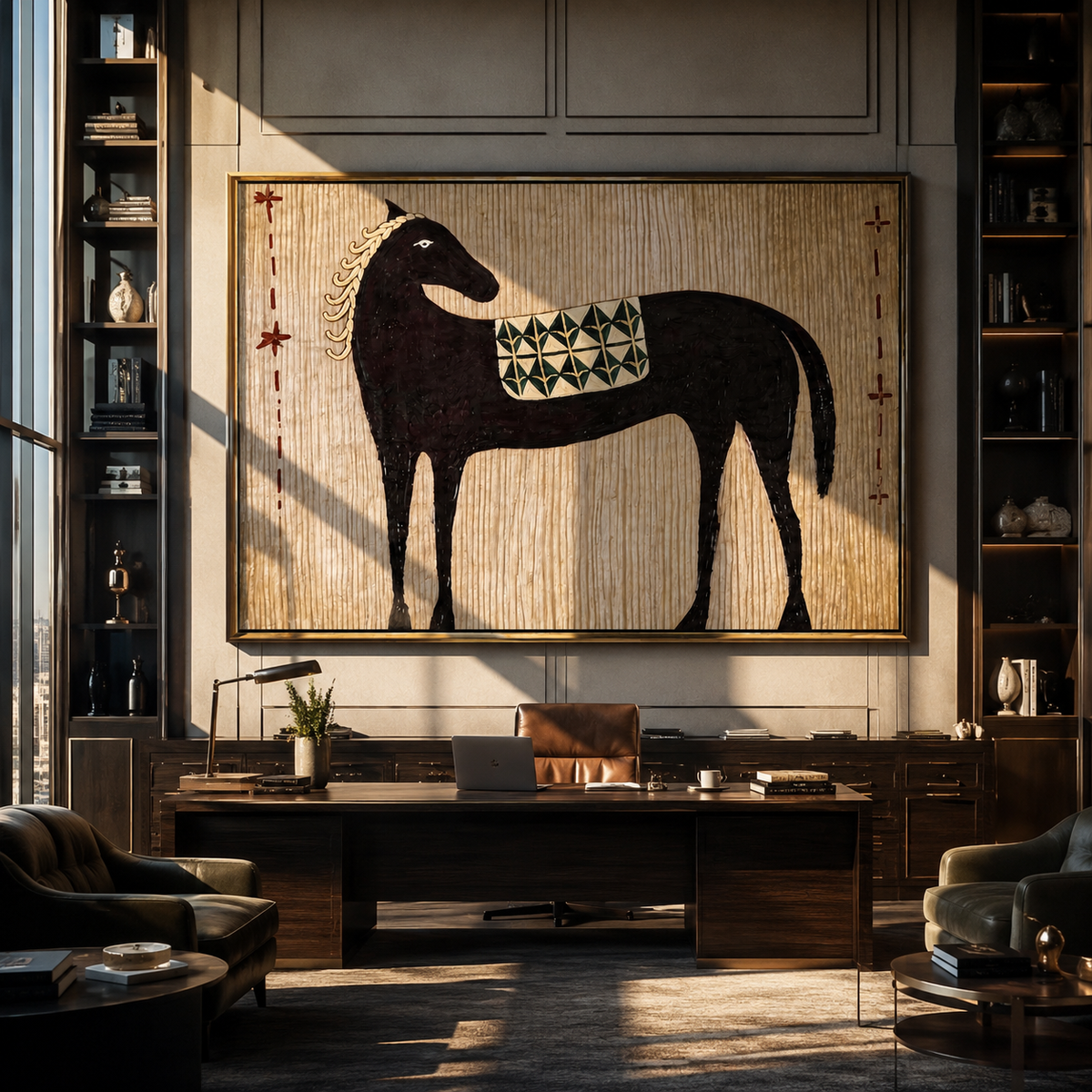 Black Horse Carries Saddle displayed in a layered residential setting