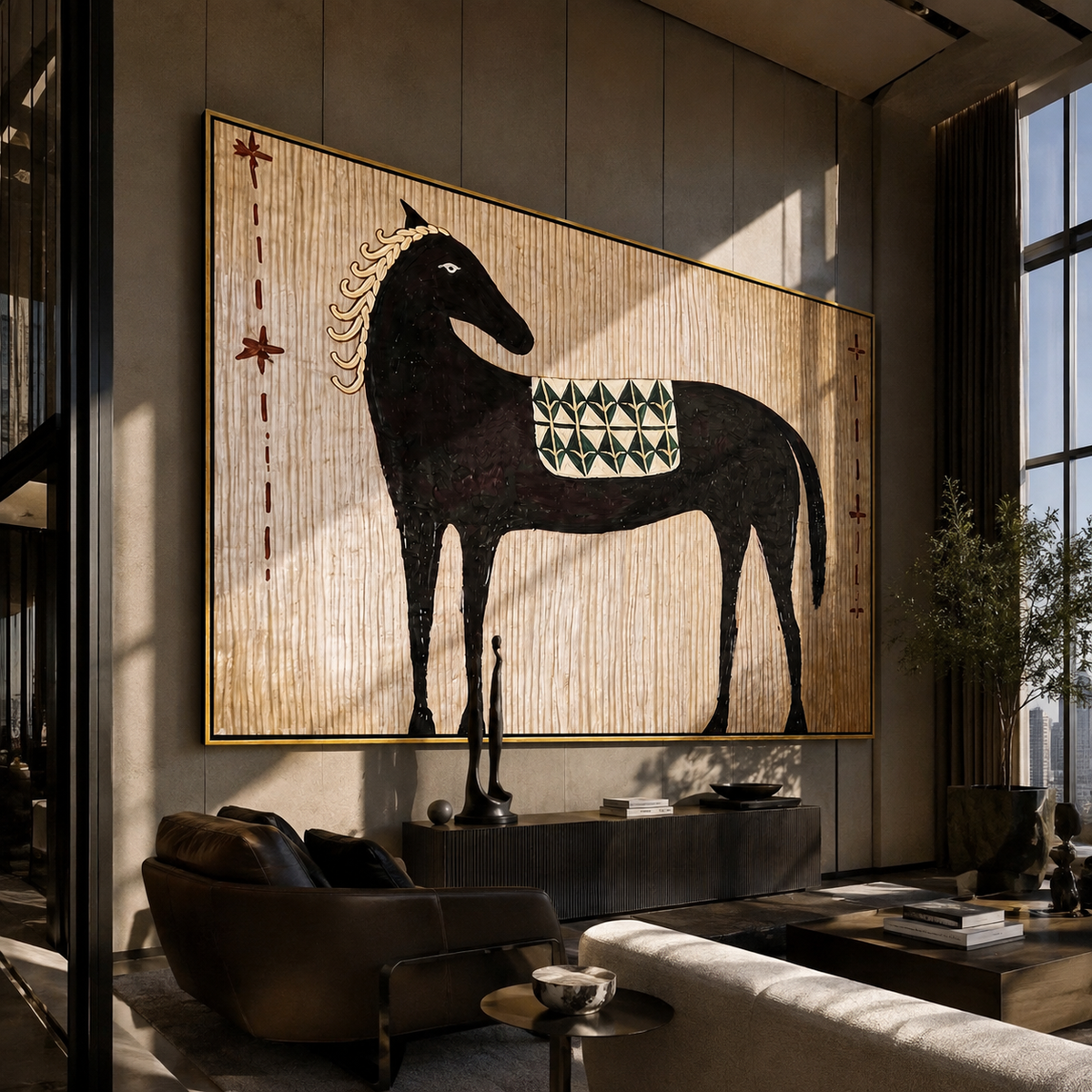 Black Horse Carries Saddle styled with wood, linen, and modern decor