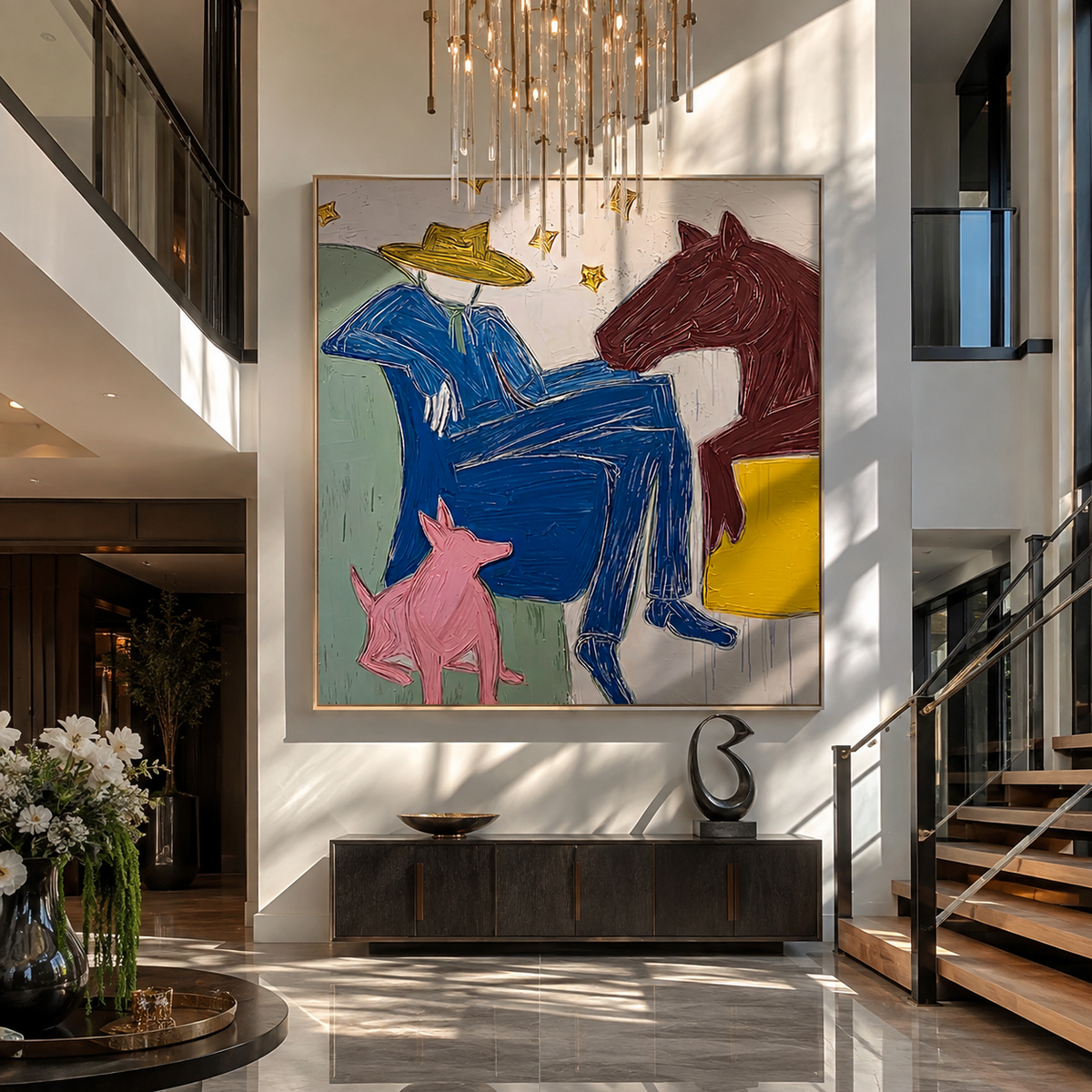 Blue Figure among Beasts displayed in a collected contemporary interior