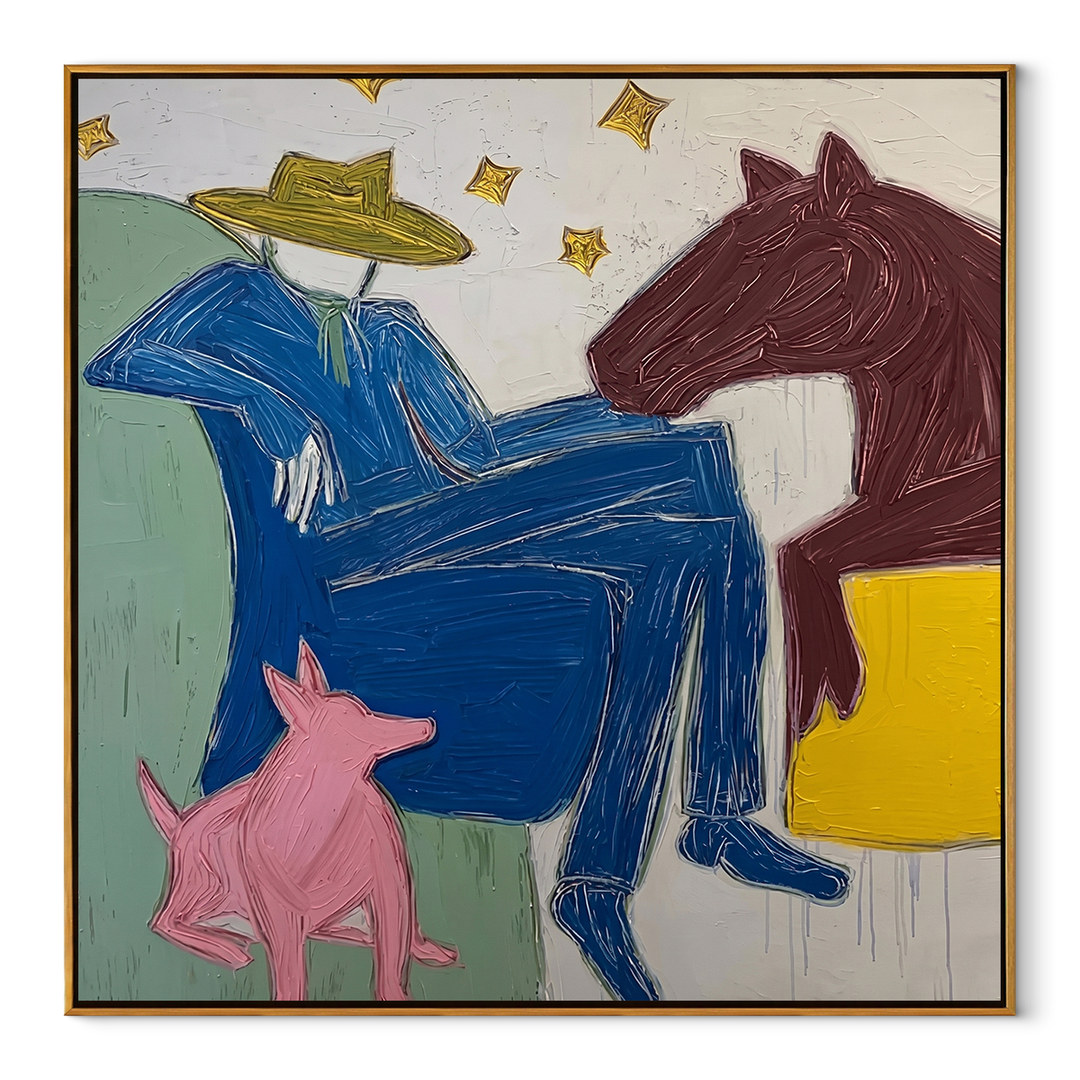 Blue Figure among Beasts equestrian horse painting, square canvas artwork