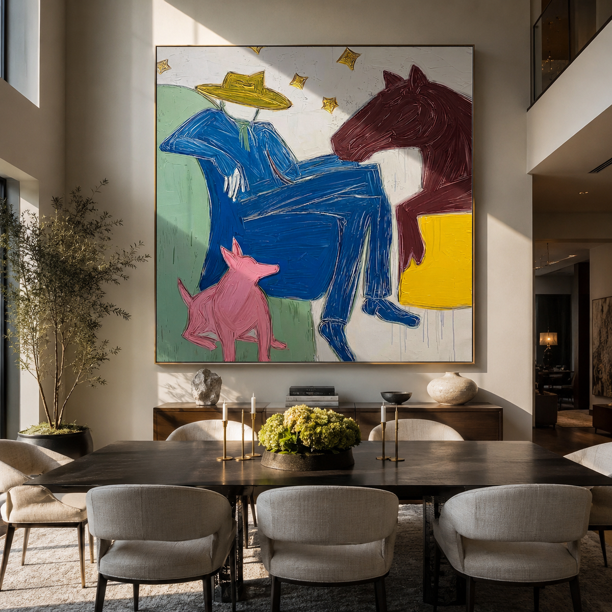 Blue Figure among Beasts styled with warm modern furnishings