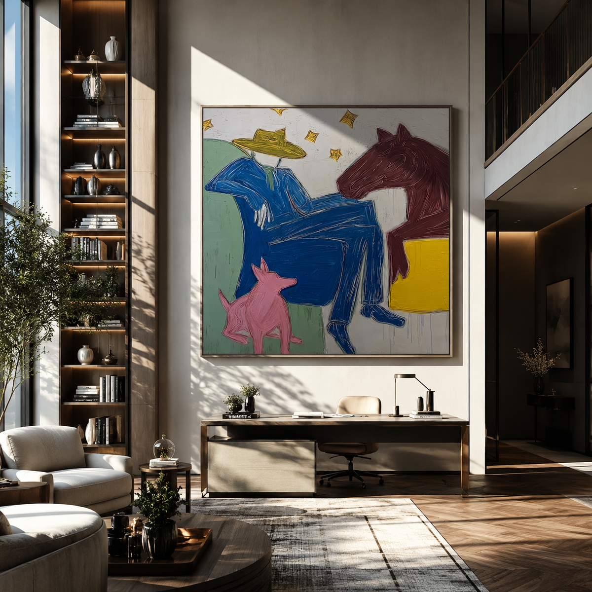Blue Figure among Beasts presented as a colorful interior focal point