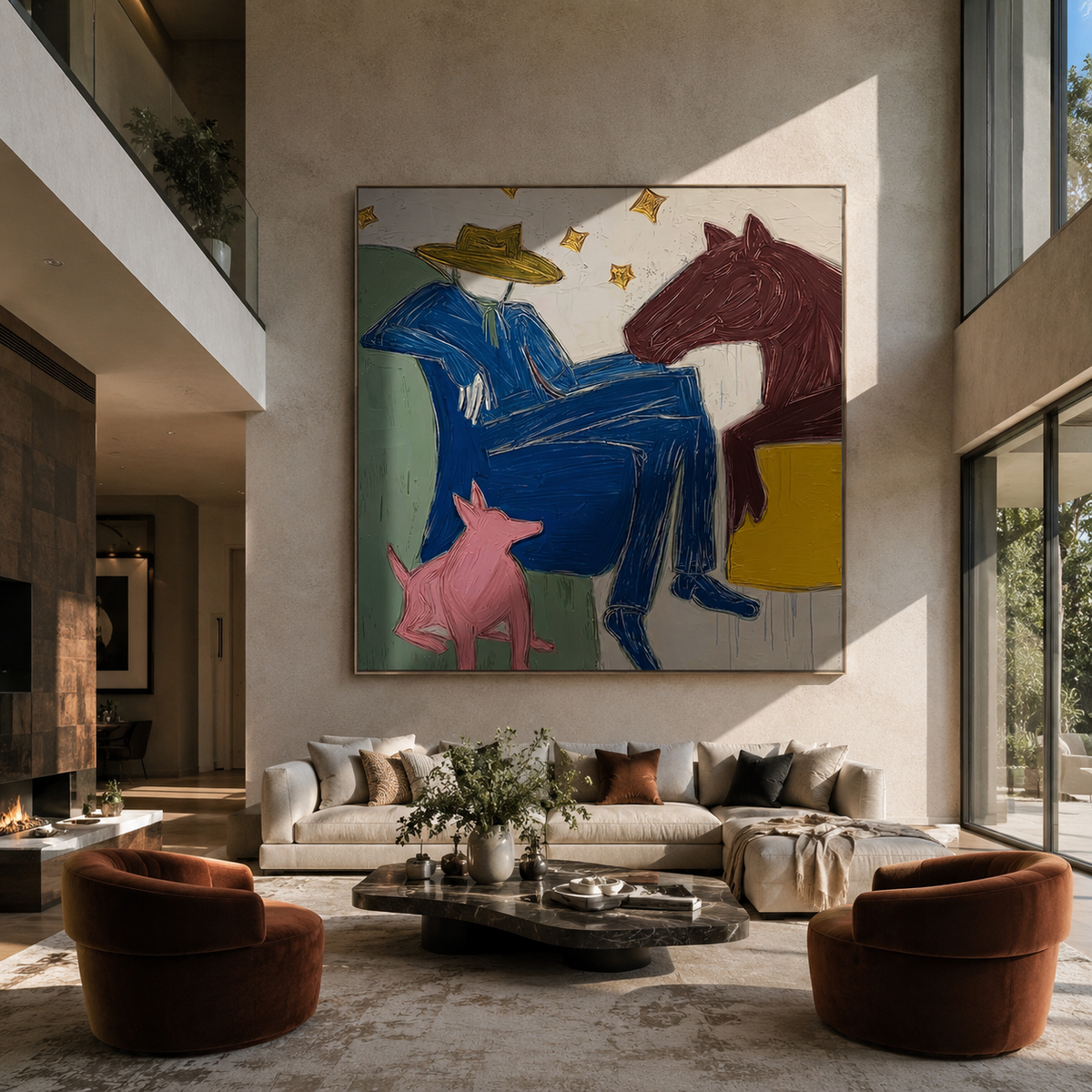 Blue Figure among Beasts styled with wood, linen, and modern decor