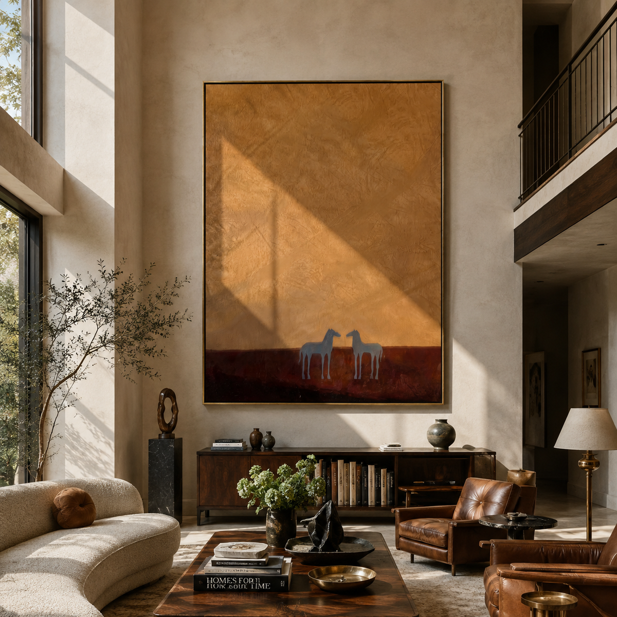 Two Horses beneath Ochre displayed in a collected contemporary interior