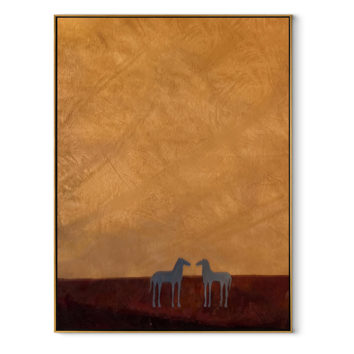 Two Horses beneath Ochre equestrian horse painting, vertical canvas artwork
