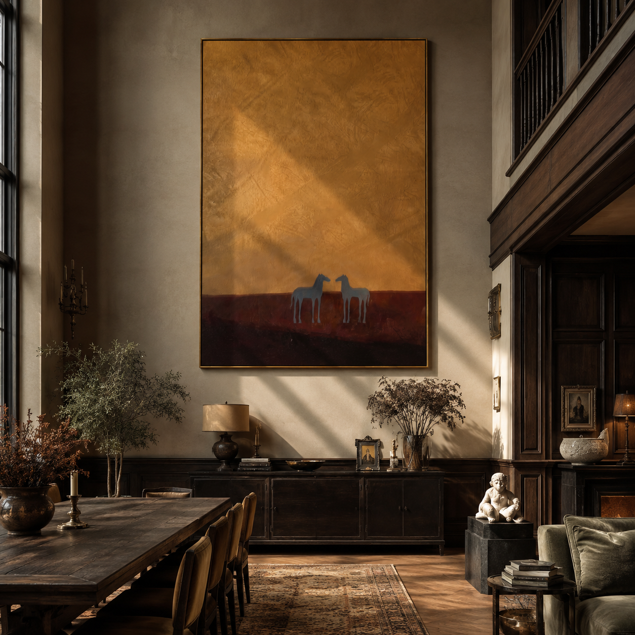 Two Horses beneath Ochre displayed in a layered residential setting