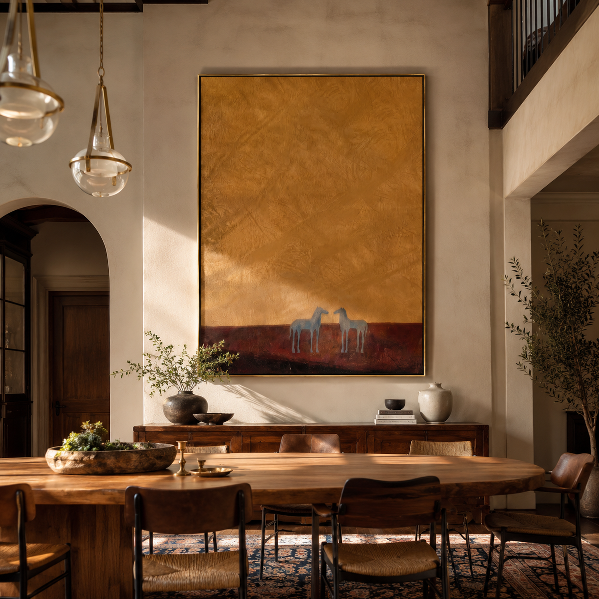 Two Horses beneath Ochre styled with wood, linen, and modern decor