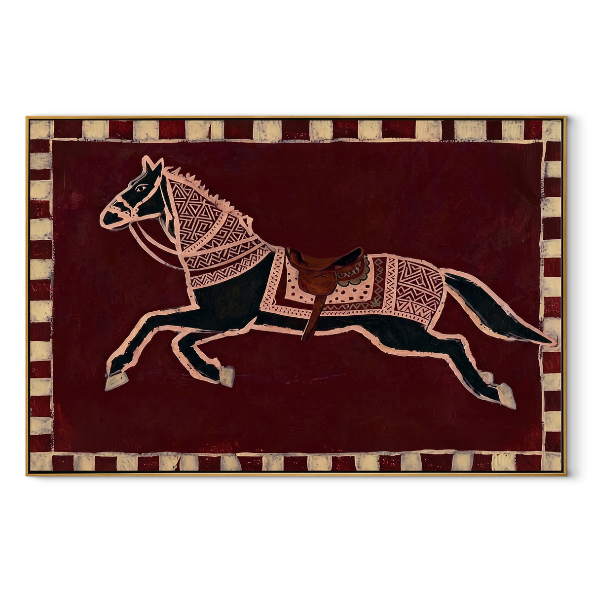 White Marks Chase Chestnut equestrian horse painting, horizontal canvas artwork