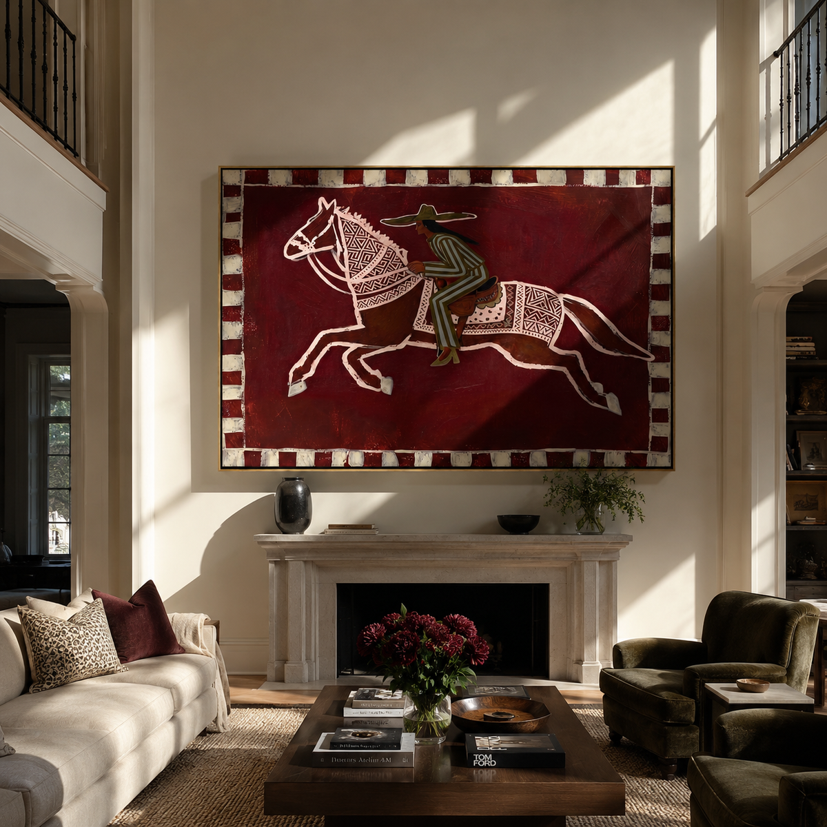 Patterned Rider Crosses Field displayed in a collected contemporary interior