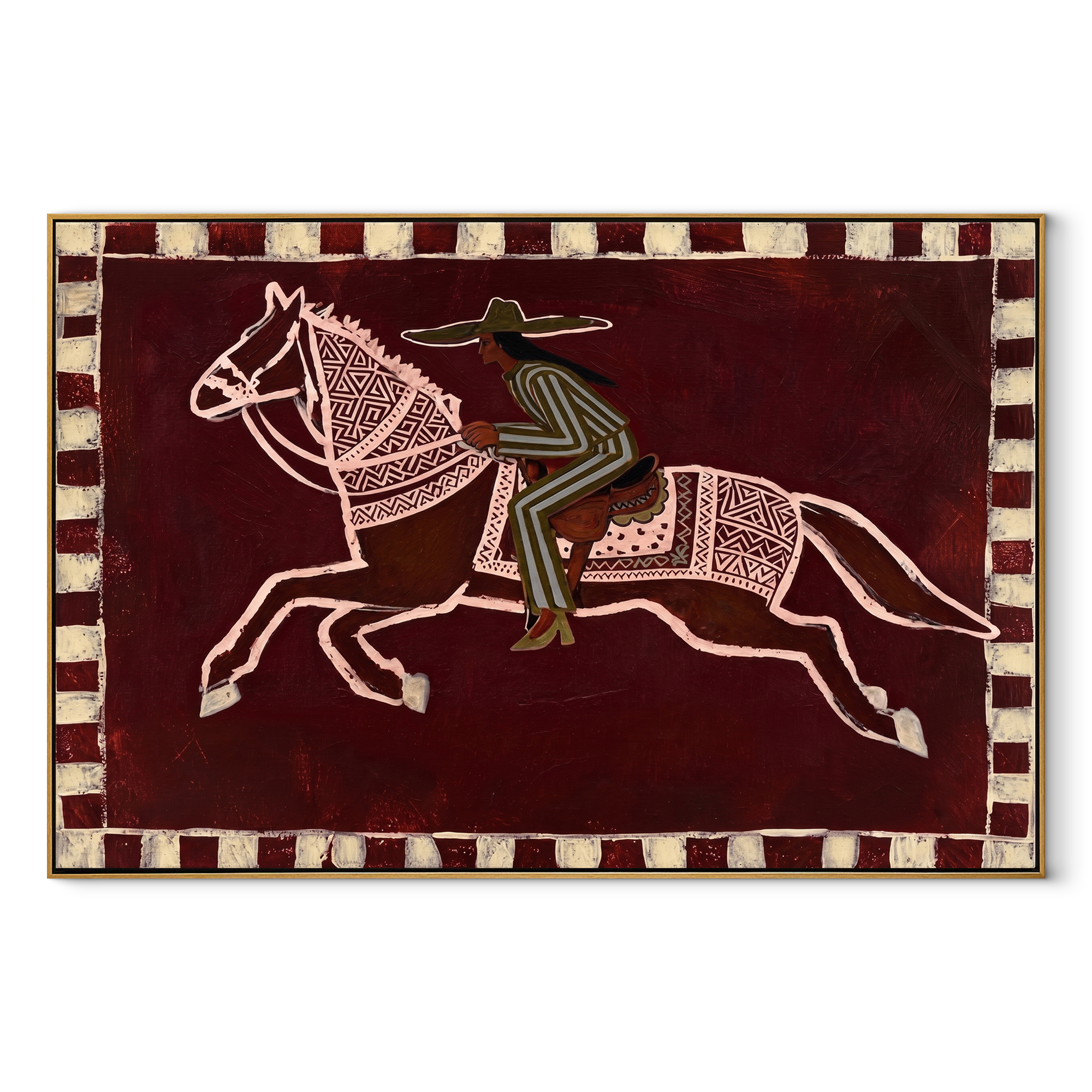 Patterned Rider Crosses Field equestrian horse painting, horizontal canvas artwork