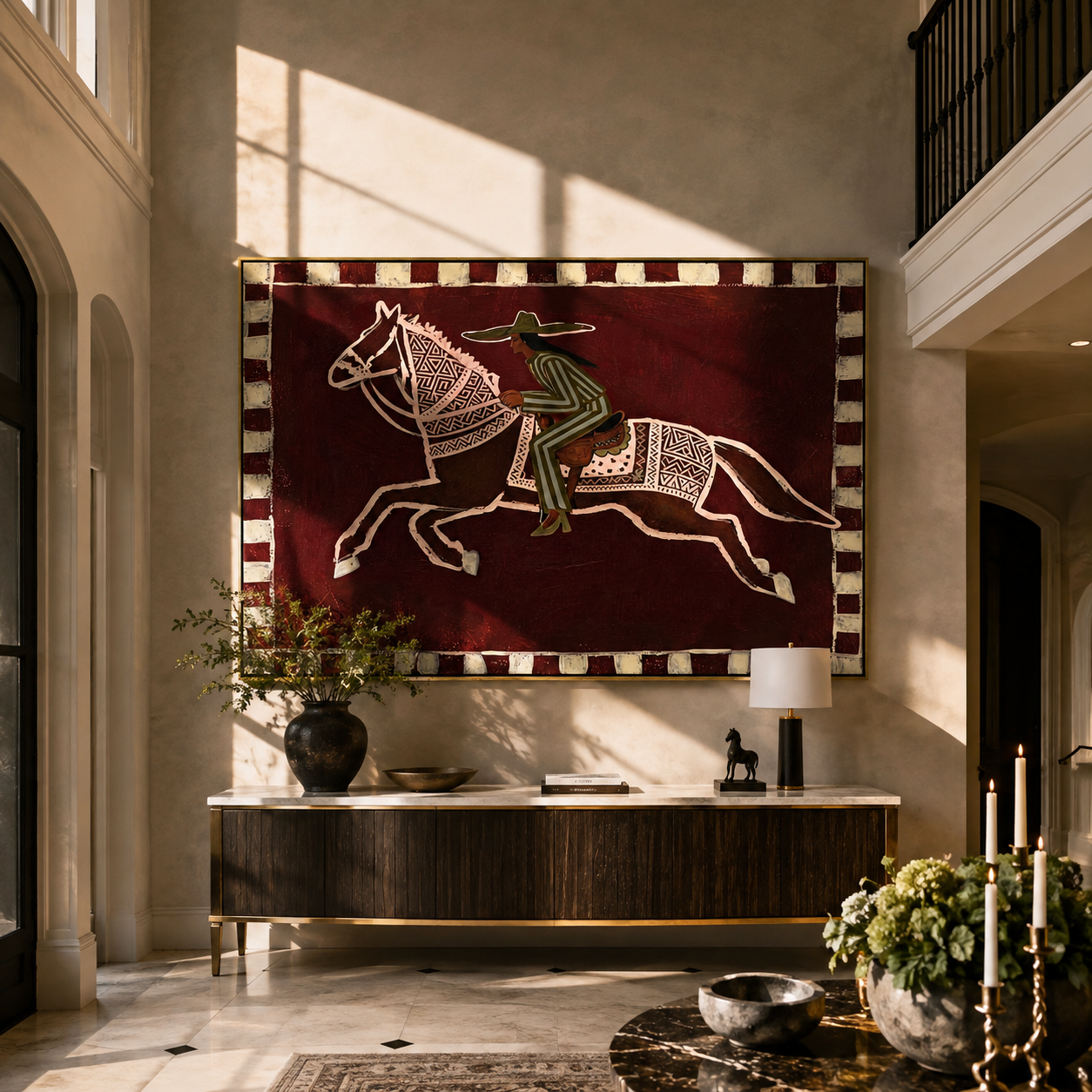 Patterned Rider Crosses Field styled with warm modern furnishings