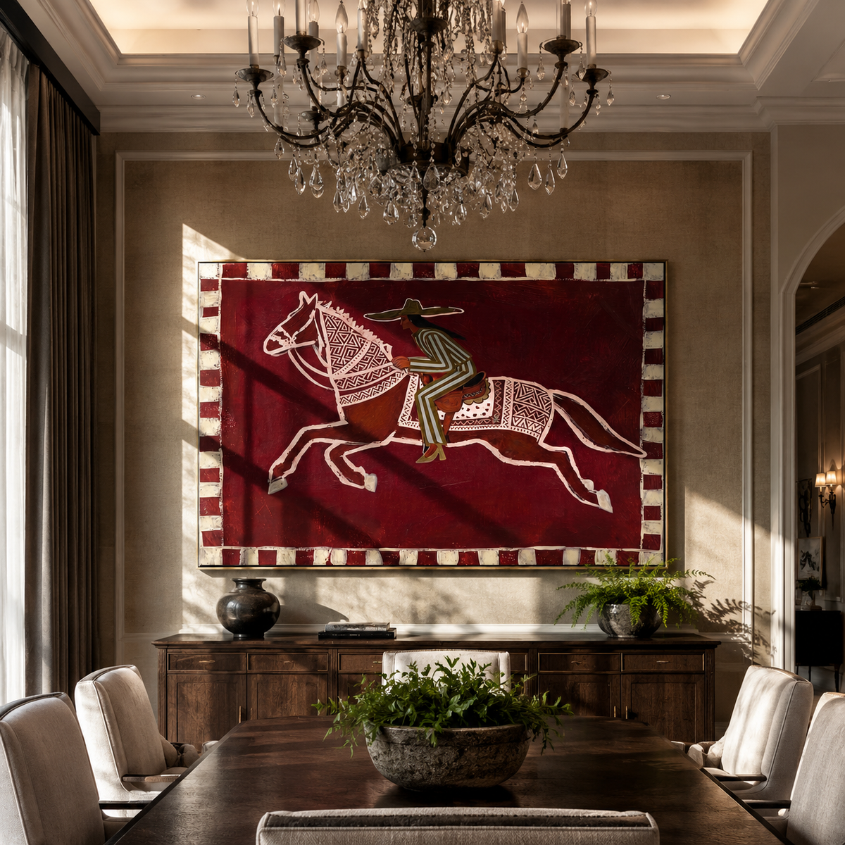Patterned Rider Crosses Field displayed in a layered residential setting