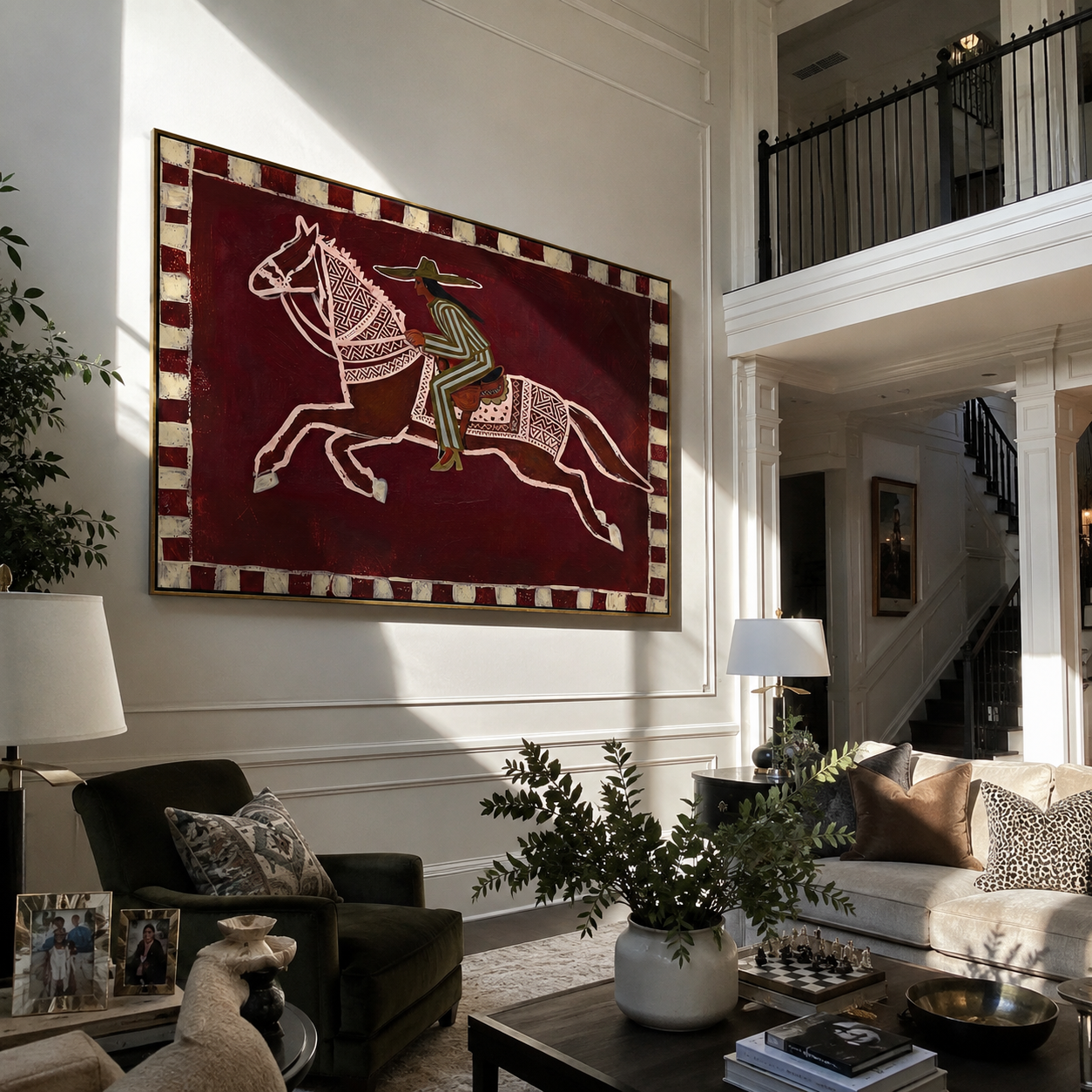 Patterned Rider Crosses Field styled with wood, linen, and modern decor