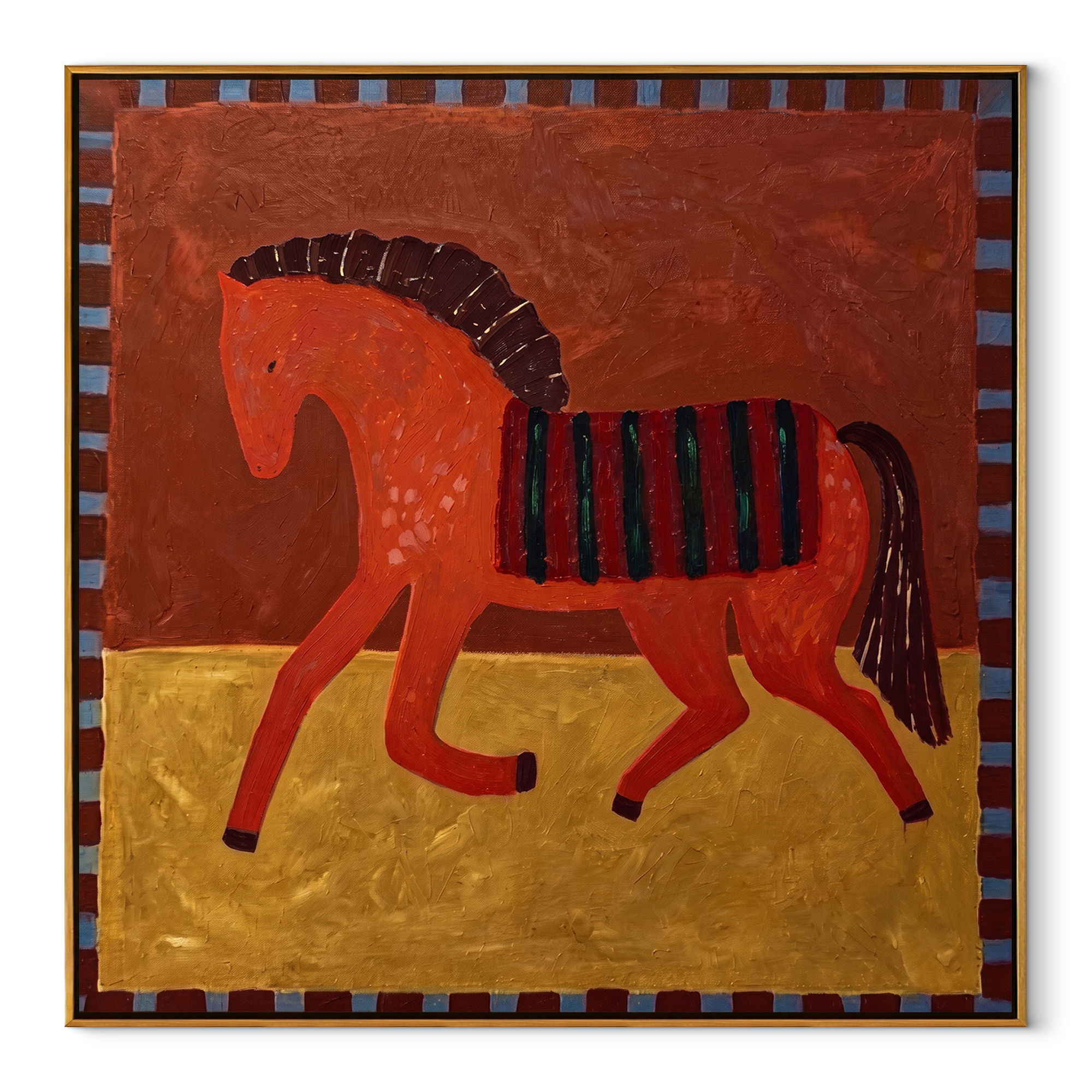 Red Horse Carries Midnight equestrian horse painting, square canvas artwork