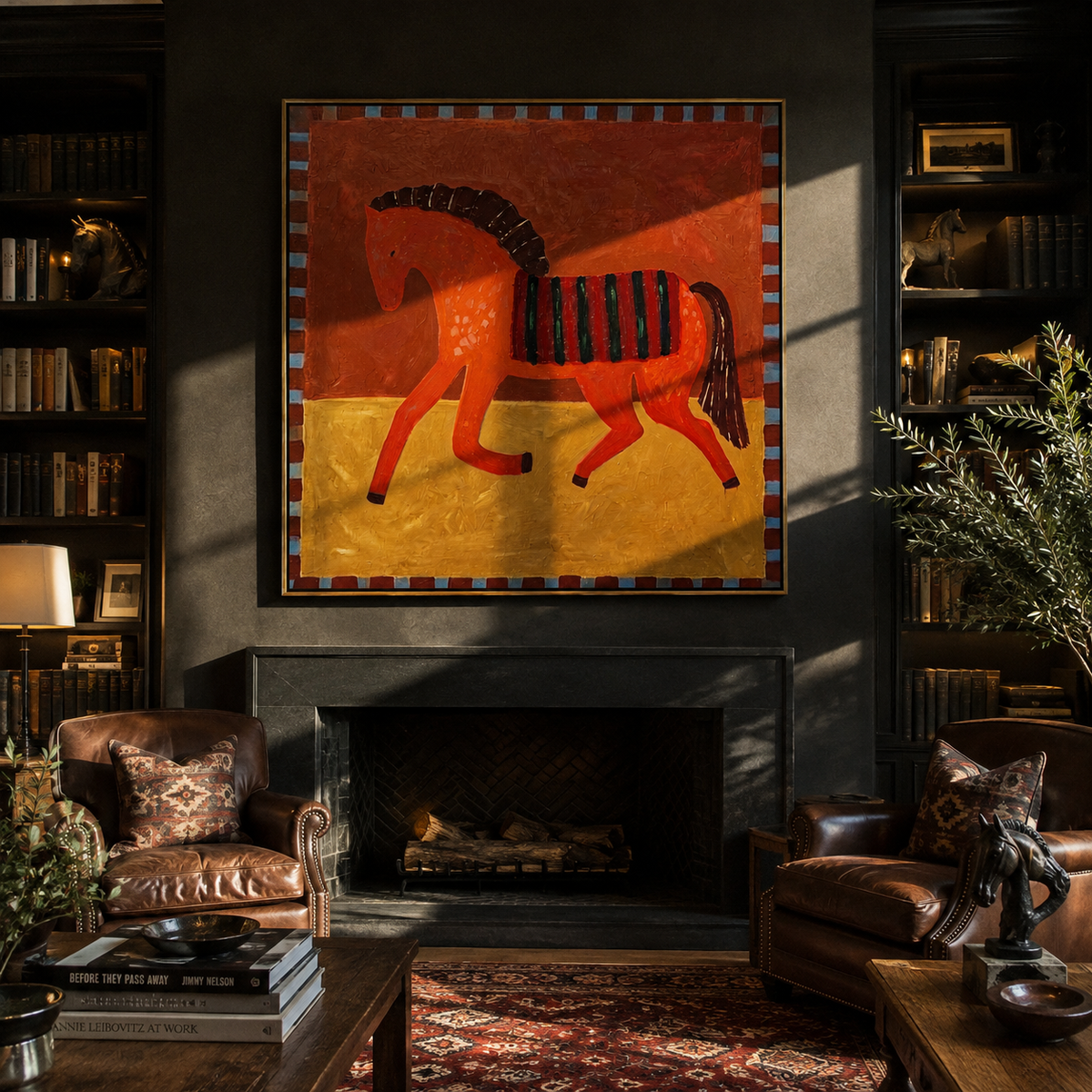 Red Horse Carries Midnight presented as a colorful interior focal point