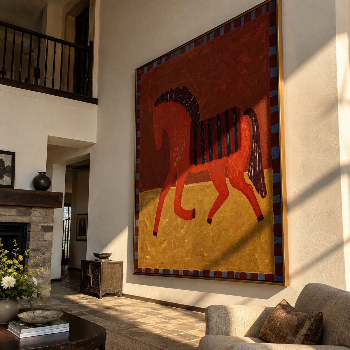 Red Horse Carries Midnight styled with wood, linen, and modern decor