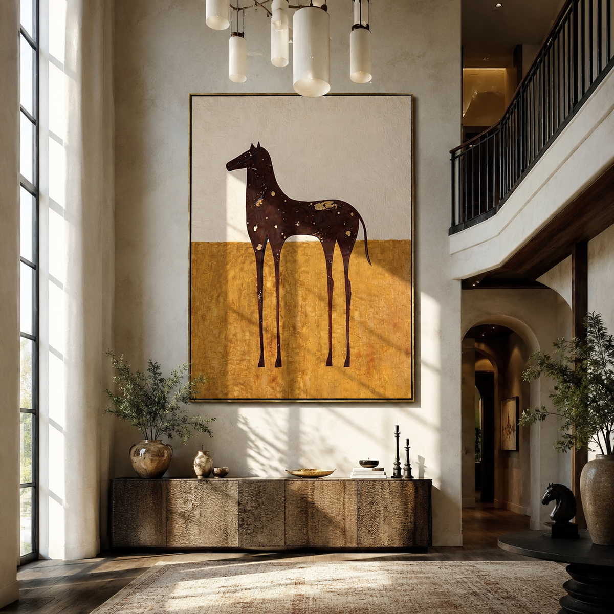 White Spots Drift Brown displayed in a collected contemporary interior