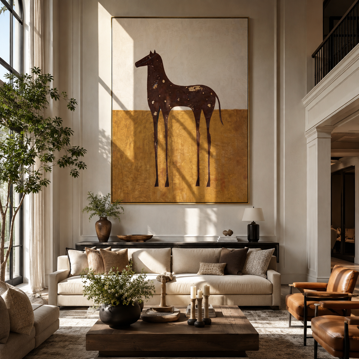 White Spots Drift Brown styled with wood, linen, and modern decor
