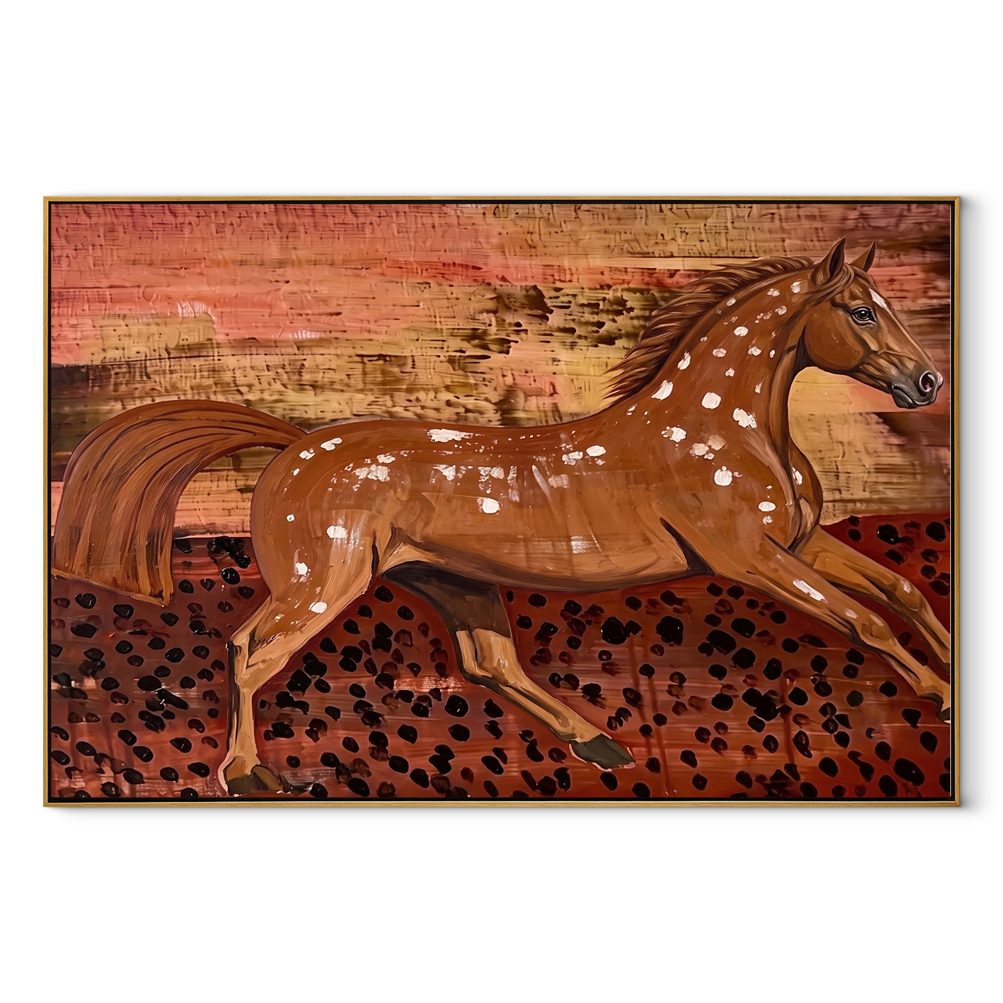 Chestnut Horse Breaks Dust equestrian horse painting, horizontal canvas artwork
