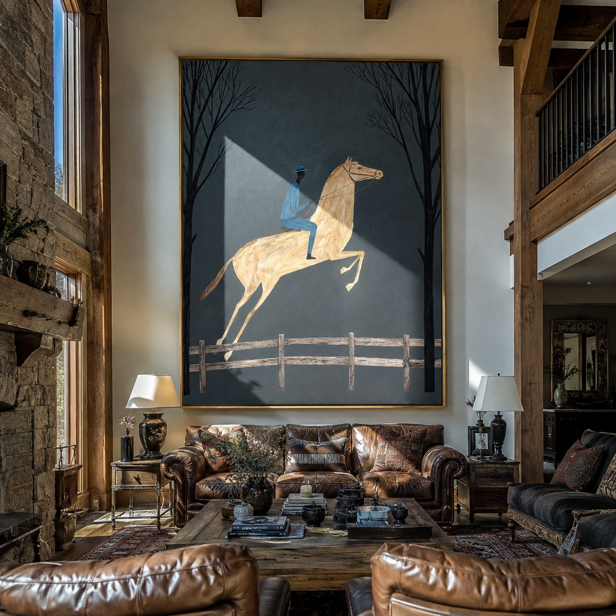 Blue Rider Clears Trees displayed in a collected contemporary interior