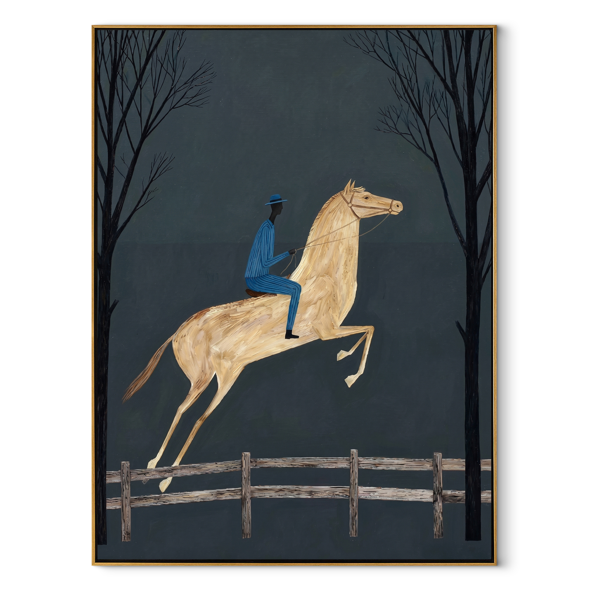 Blue Rider Clears Trees equestrian horse painting, vertical canvas artwork