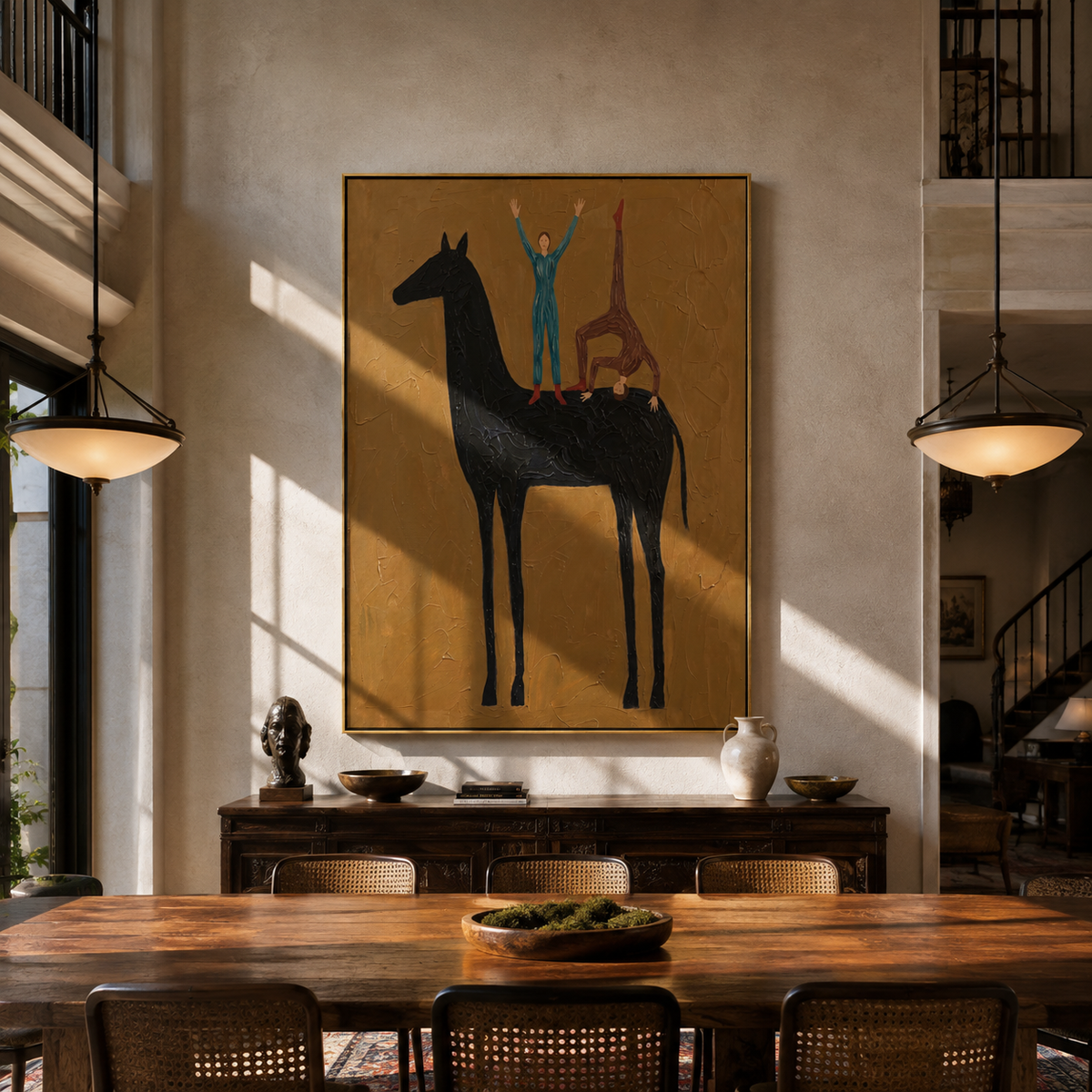 Two Figures Balance Horseback displayed in a collected contemporary interior