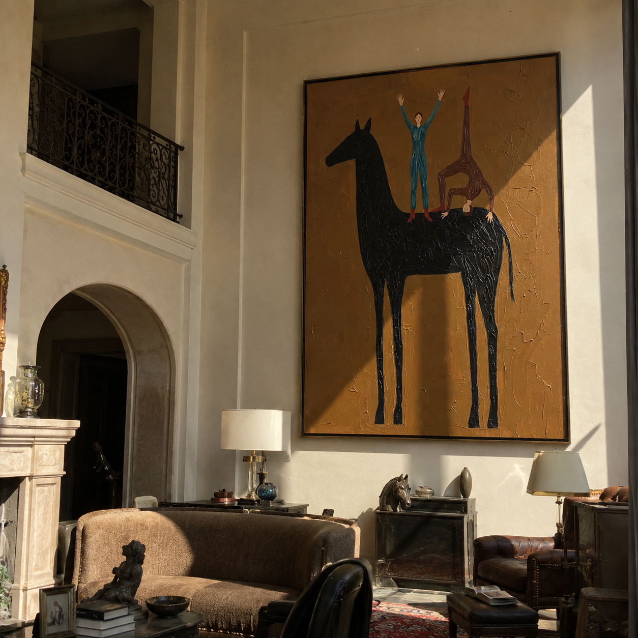 Two Figures Balance Horseback presented as a colorful interior focal point