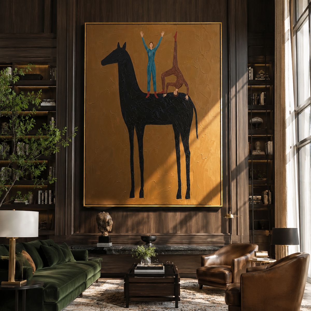 Two Figures Balance Horseback displayed in a layered residential setting