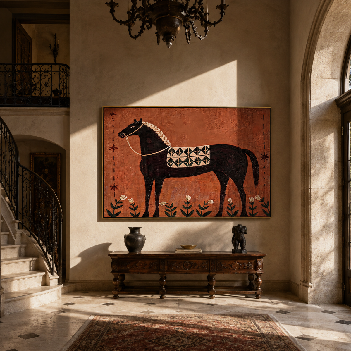 Flowers Border Black Horse displayed in a collected contemporary interior