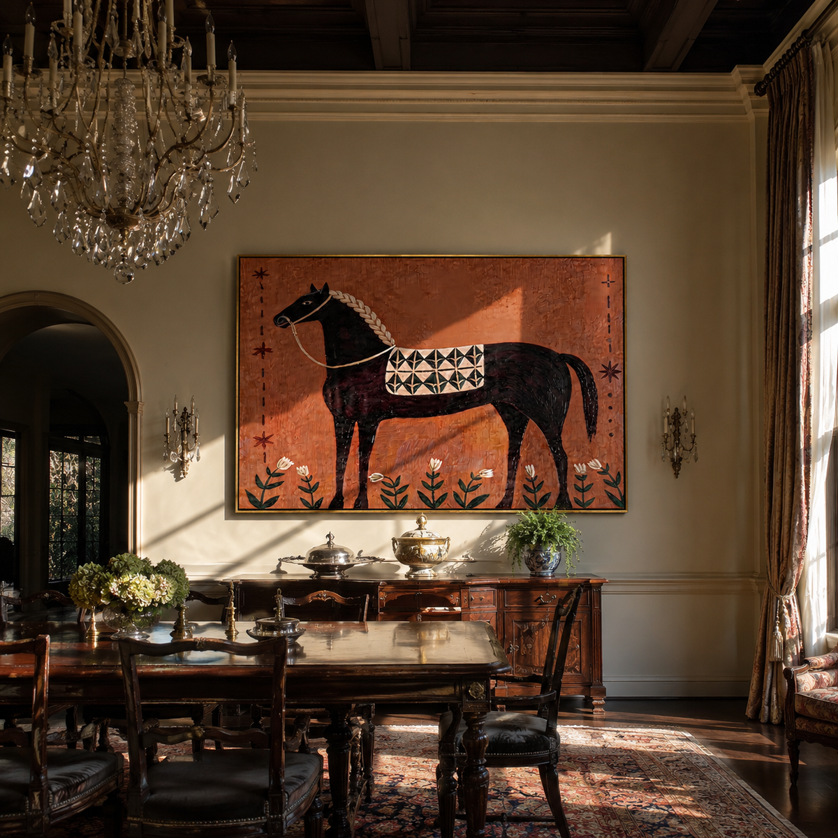 Flowers Border Black Horse styled with warm modern furnishings