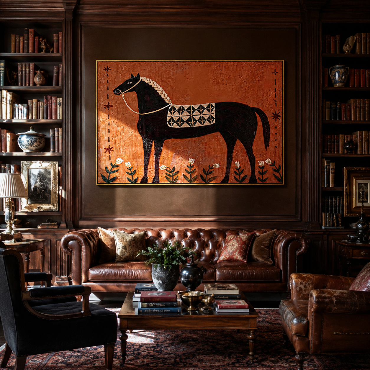 Flowers Border Black Horse presented as a colorful interior focal point