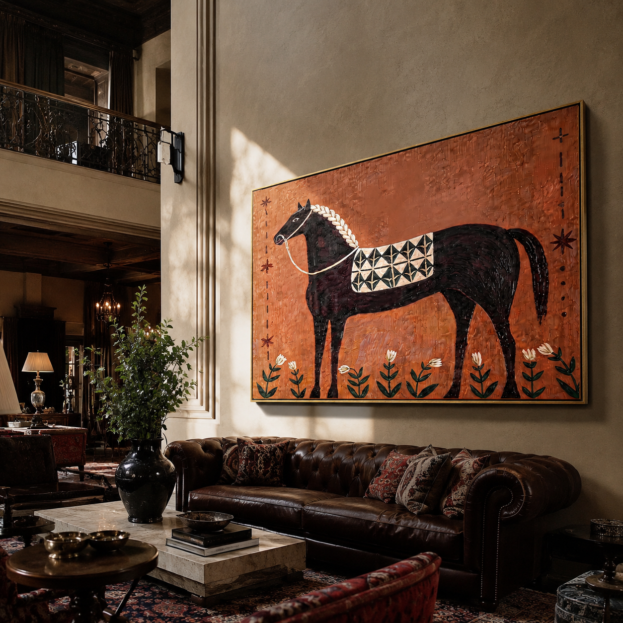 Flowers Border Black Horse displayed in a layered residential setting