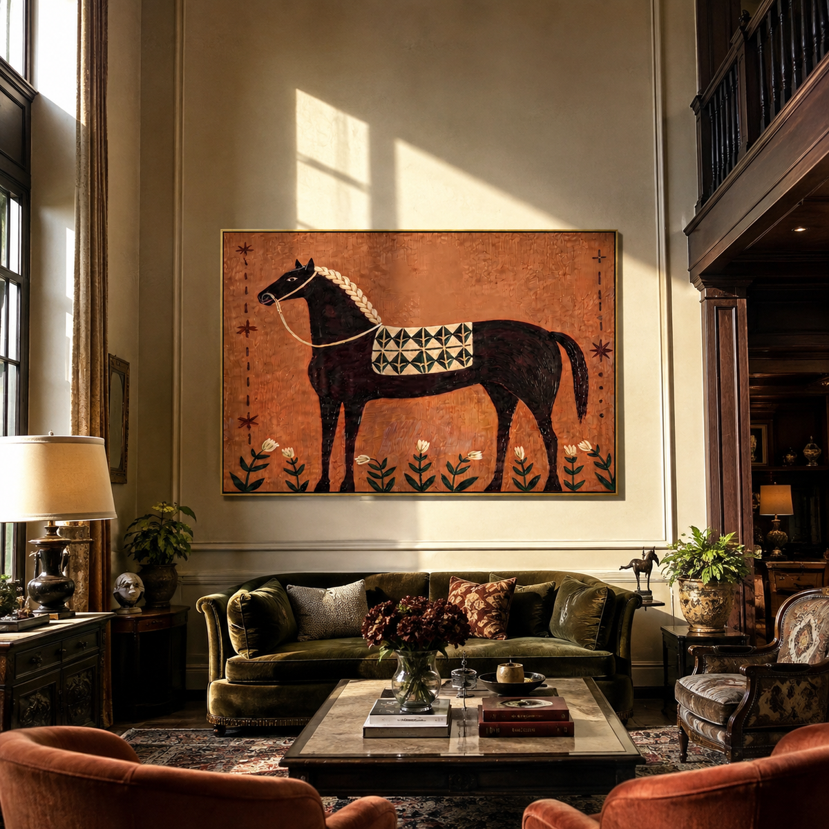 Flowers Border Black Horse styled with wood, linen, and modern decor