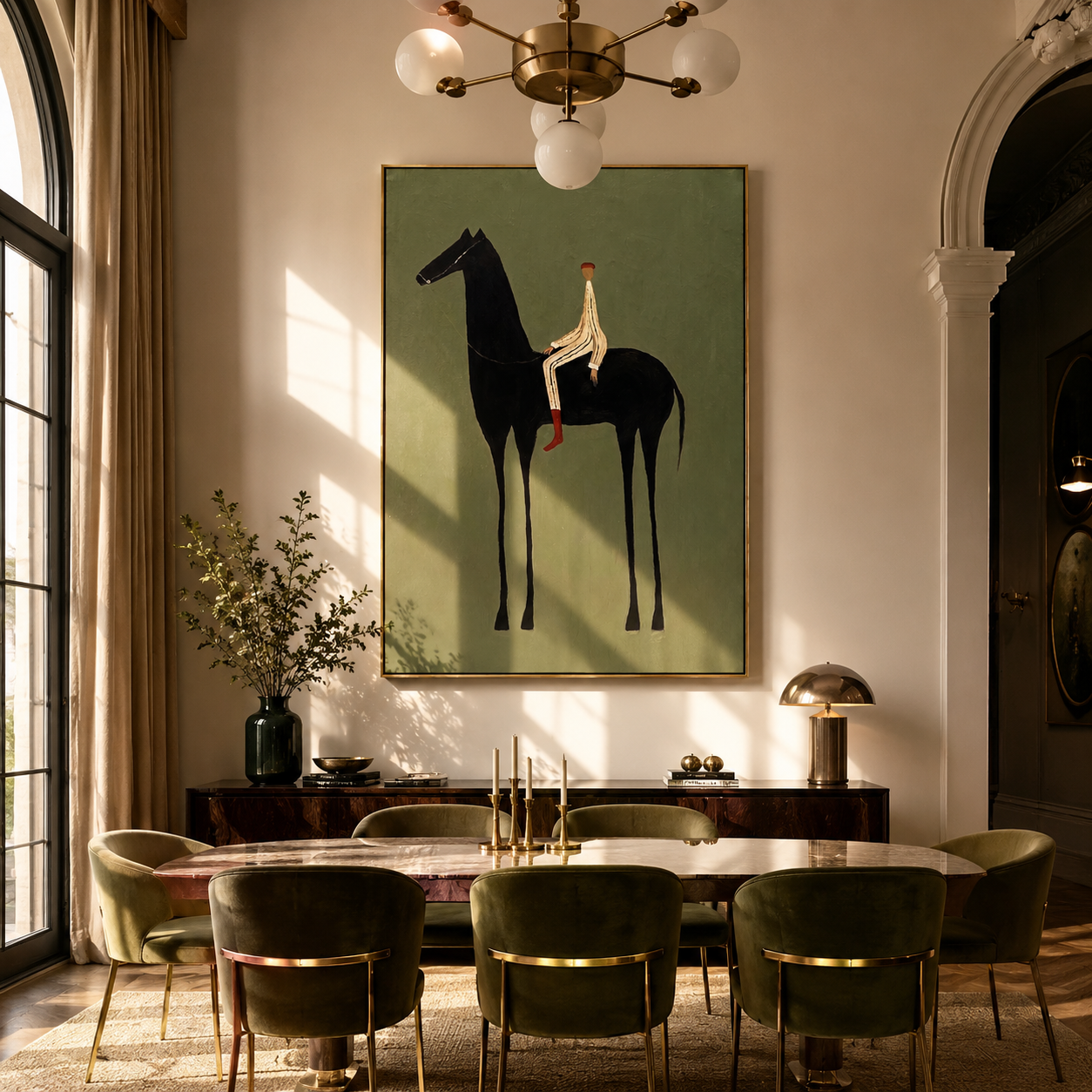 Pale Rider Holds Midnight styled with wood, linen, and modern decor