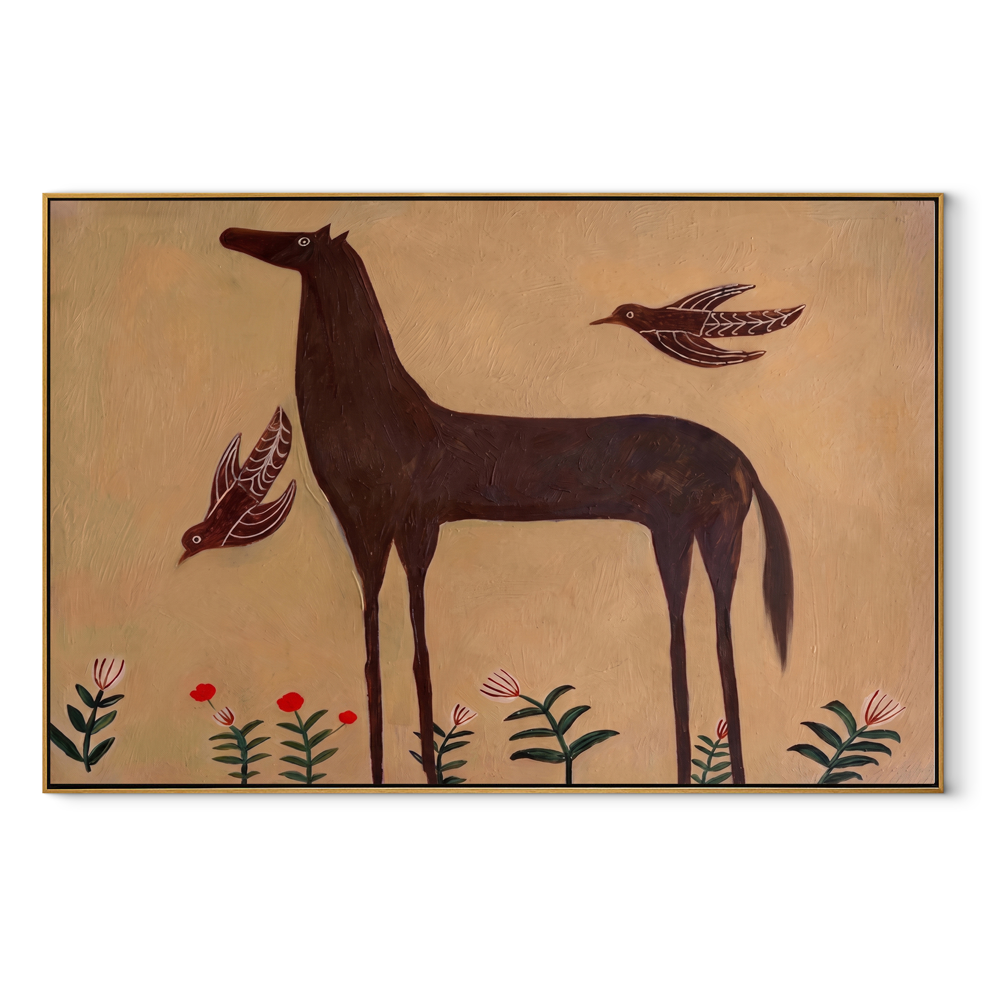 Brown Horse among Flowers equestrian horse painting, horizontal canvas artwork