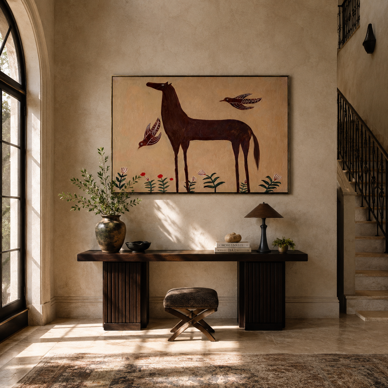 Brown Horse among Flowers presented as a colorful interior focal point