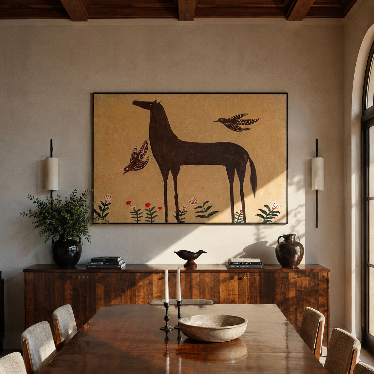 Brown Horse among Flowers displayed in a layered residential setting