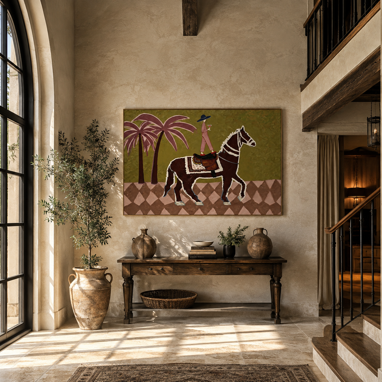 Pink Palms Follow Rider styled with warm modern furnishings