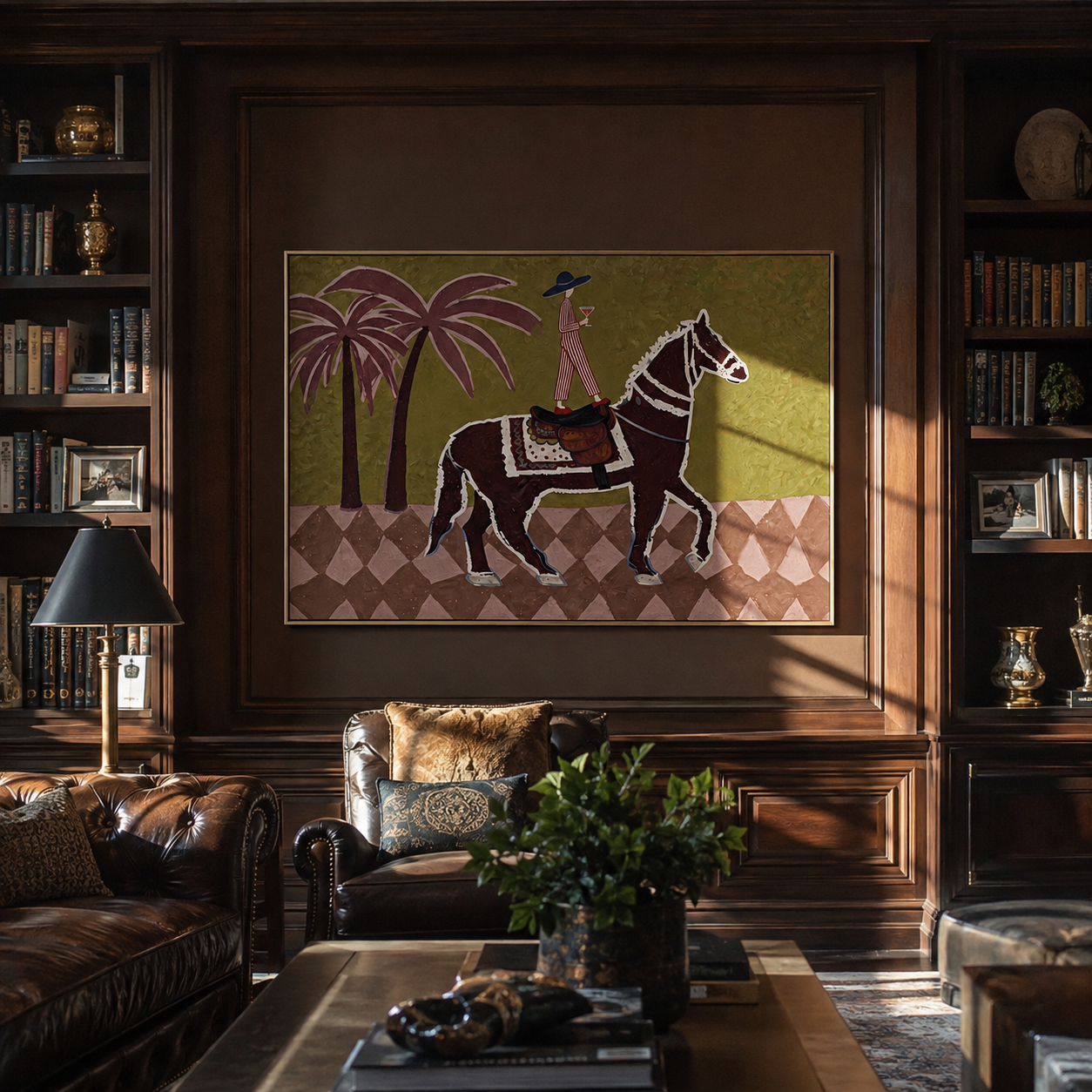 Pink Palms Follow Rider displayed in a layered residential setting