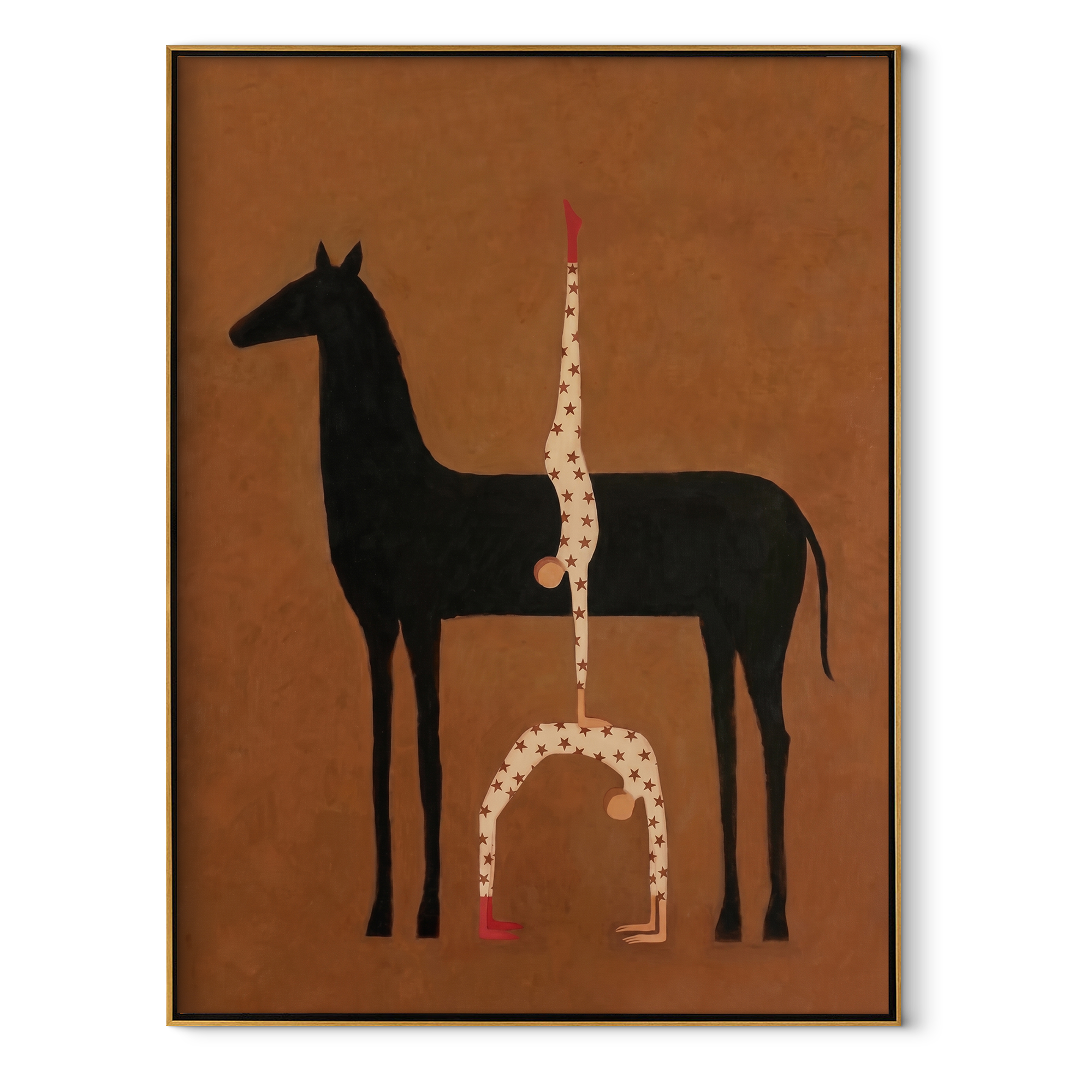 White Acrobat Rises Black equestrian horse painting, vertical canvas artwork
