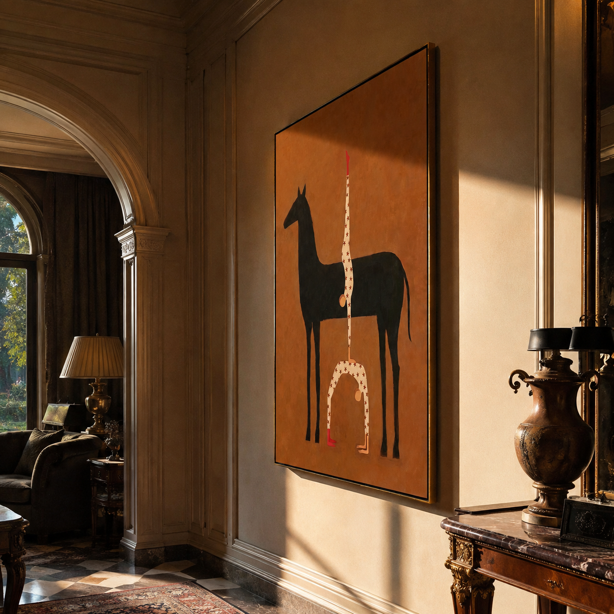 White Acrobat Rises Black presented as a colorful interior focal point