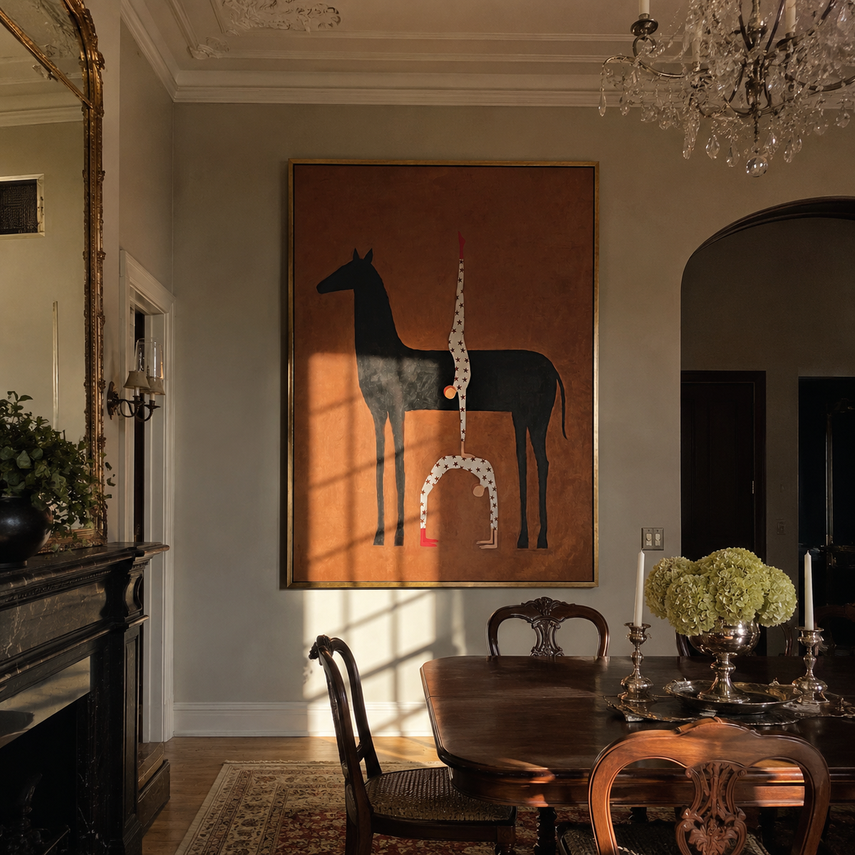 White Acrobat Rises Black displayed in a layered residential setting