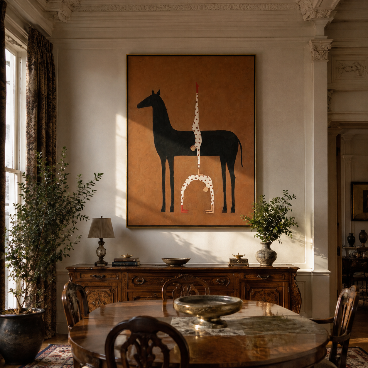 White Acrobat Rises Black styled with wood, linen, and modern decor