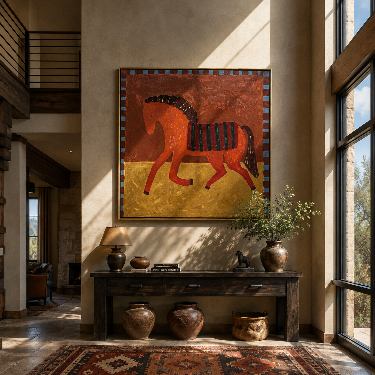 Red Horse Crosses Gold displayed in a collected contemporary interior