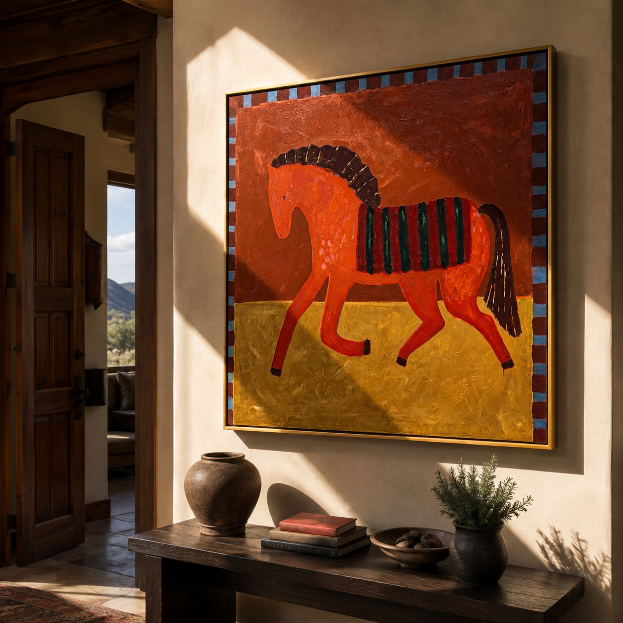 Red Horse Crosses Gold displayed in a layered residential setting